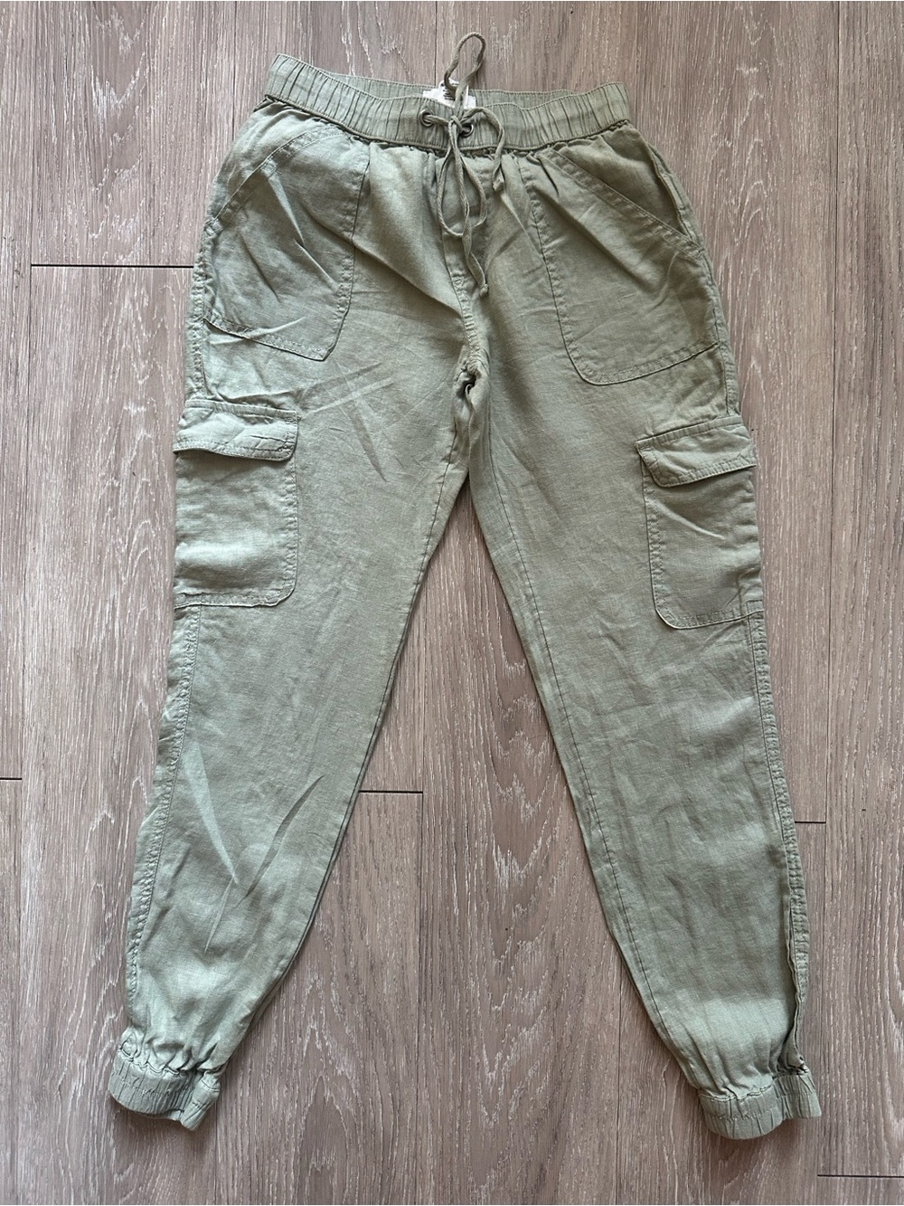 Nicole Miller 100% Linen Cargo Jogger Pants XS Olive Green Utility